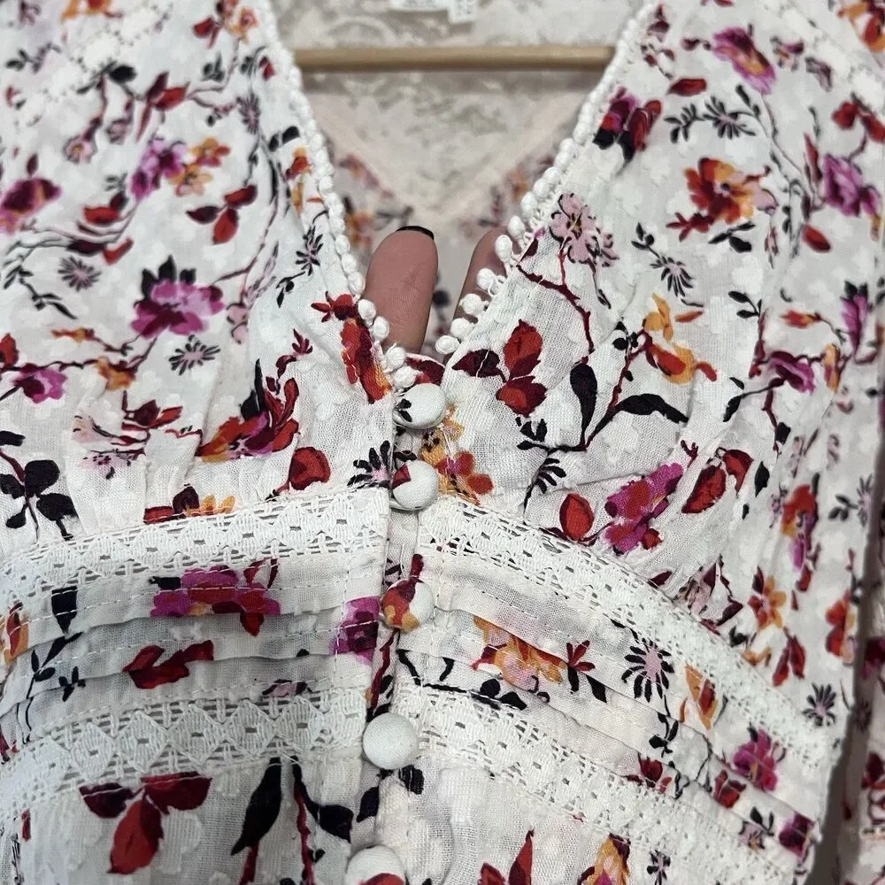 Anthropologie Puff Sleeve Floral Lace Trim Buttondown Blouse Top Size 4 Cottage